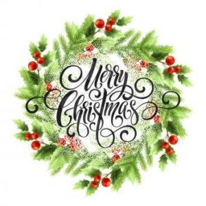 A wreath of green foliage and red berries surrounding a decorative 'Merry Christmas'
